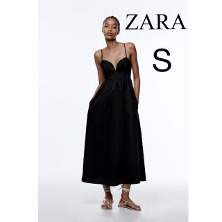 ザラ(ZARA)のZARA キャミ ワンピース S ブラック 新品 ポプリン地ミディ丈ワンピース(ロングワンピース/マキシワンピース)