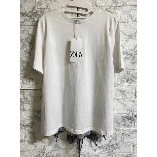 ZARA(ザラ)のZARA コントラスト レース Tシャツ ザラ シアー バックプリーツ ザラ レディースのトップス(Tシャツ(半袖/袖なし))の商品写真