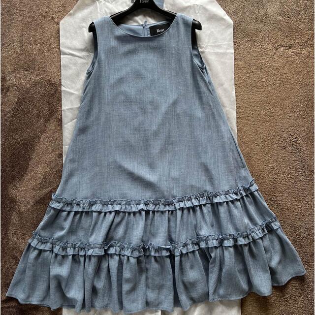 Rene ルネ フリル ワンピース 膝丈 ロゴ金具 34 ネイビー ネット直売