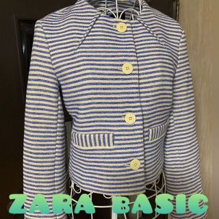 ザラ(ZARA)のZARA BASIC ☆ ジャケット XSサイズ 白xブルー ボーダー柄 春夏 (ノーカラージャケット)