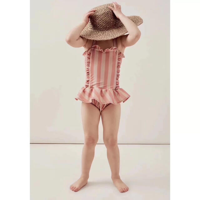 新品　水着　ワンピース　女の子　キッズ　ストライプ　帽子　ピンク　120 a キッズ/ベビー/マタニティのキッズ服女の子用(90cm~)(水着)の商品写真