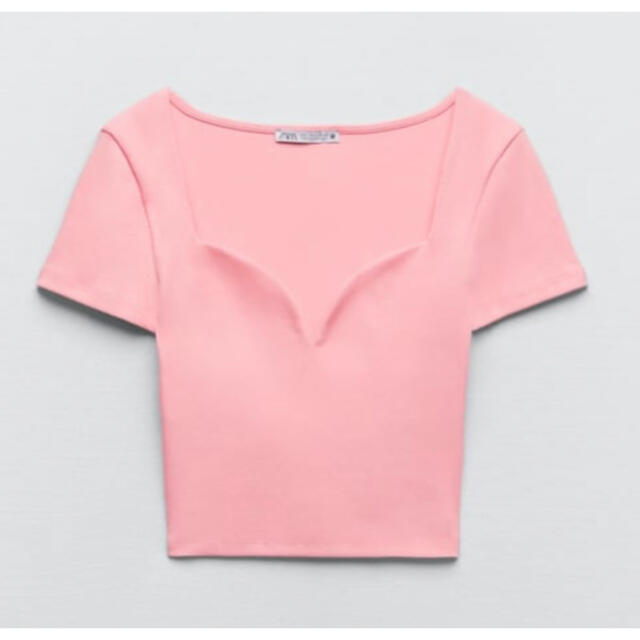 ZARA(ザラ)のZARA ピンク Mスウィートハートネック Tシャツ リブニット カットソー レディースのトップス(カットソー(半袖/袖なし))の商品写真