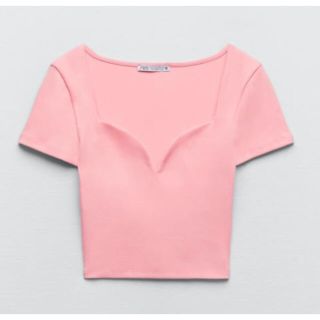 ザラ(ZARA)のZARA ピンク Mスウィートハートネック Tシャツ リブニット カットソー(カットソー(半袖/袖なし))