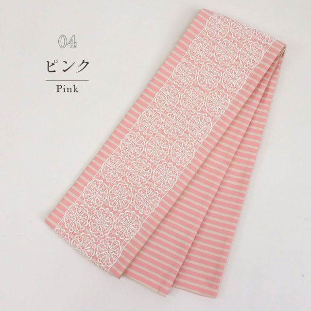 《新品■半幅帯■ストライプ＆花柄レース＊ピンク×白◆普段着物浴衣♪BM6-10》
