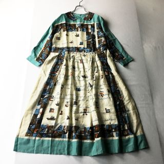 美品 2016SS Jane Marple ジェーンマープル フルーツプリント コットンローン ギャザーワンピース M/サックスブルー【2400012799905】