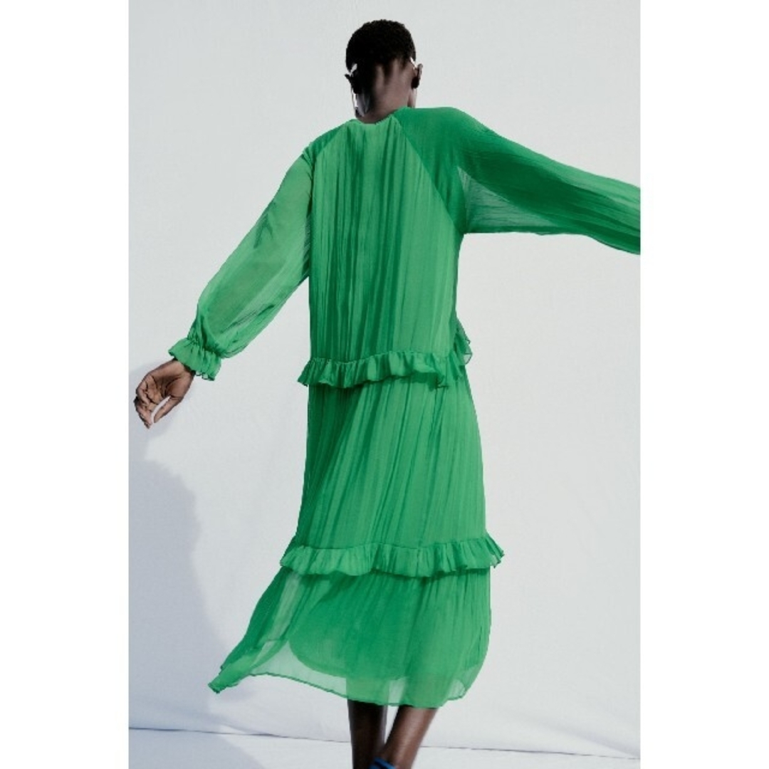 ZARA - ZARA エアリー フリルワンピース Sサイズ グリーンの通販 ZARA - ZARA エアリー フリルワンピース Sサイズ グリーンの通販