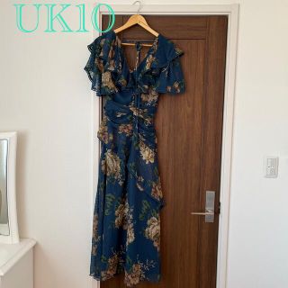 エイソス(asos)の〖UK10〗ASOS♡ネイビー花柄フリルワンピース(ロングワンピース/マキシワンピース)