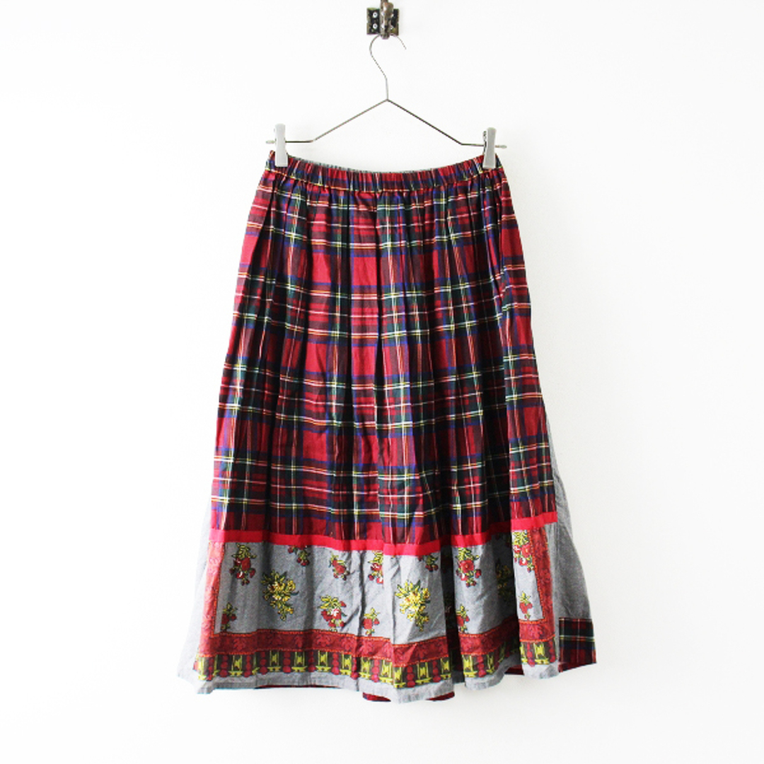 美品 2021AW Jane Marple ジェーンマープル Flowers of Jouy scarf Tartan check tuck  skirt M/グレー レッド フレア【2400012863699】