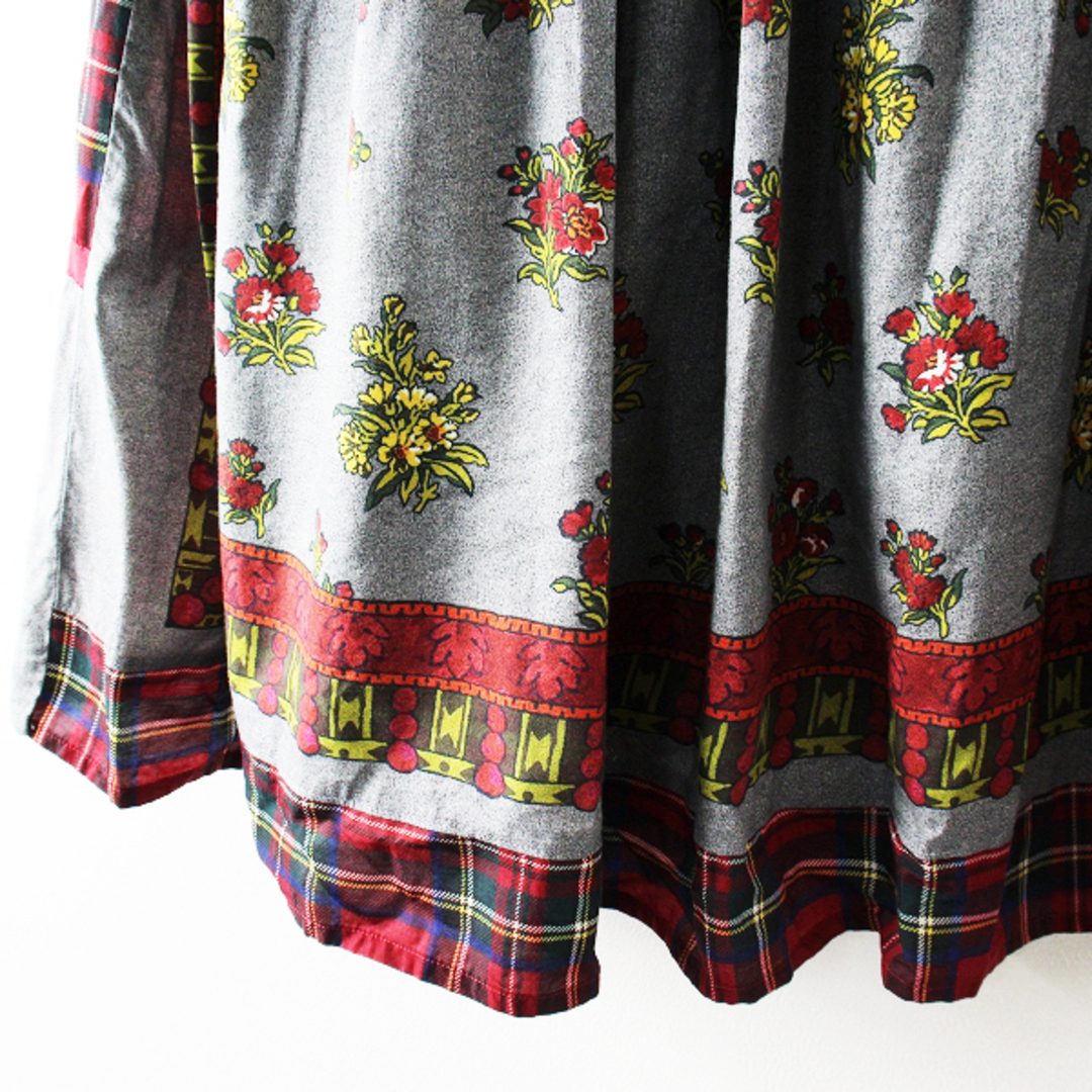 美品 2021AW Jane Marple ジェーンマープル Flowers of Jouy scarf Tartan check tuck  skirt M/グレー レッド フレア【2400012863699】