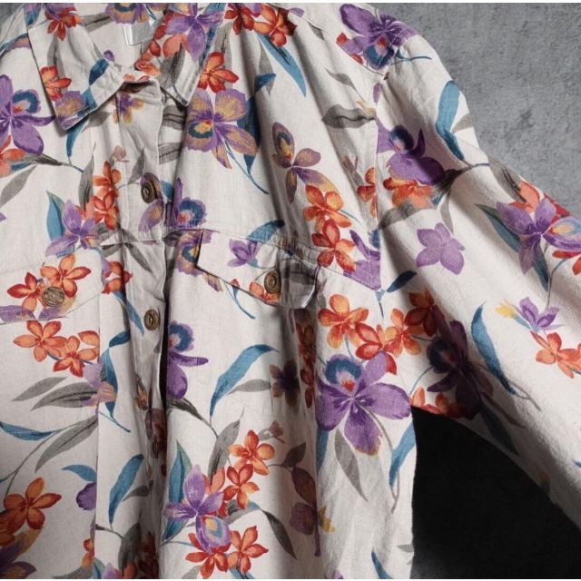 花柄　フラワー　マルチカラー　リネン　コットン　デザイン　シャツジャケット