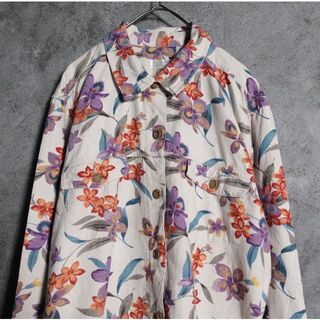 花柄　フラワー　マルチカラー　リネン　コットン　デザイン　シャツジャケット(シャツ)
