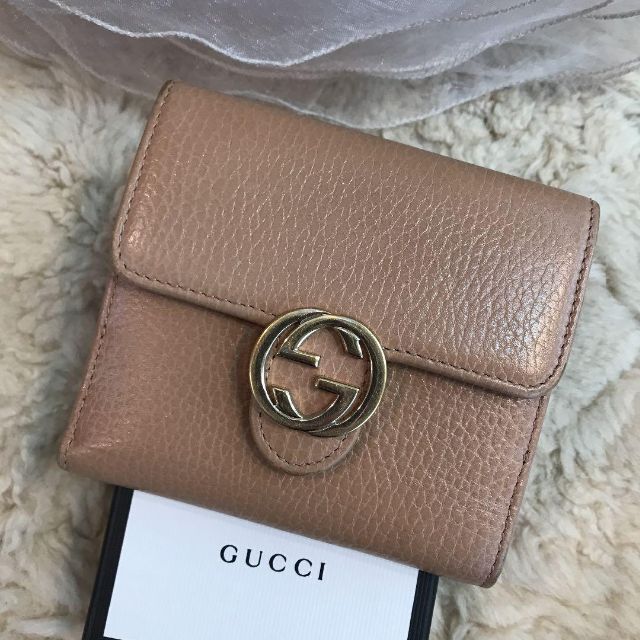 GUCCI グッチ 二つ折り財布 インターロッキングG ベージュ Wホック財布-