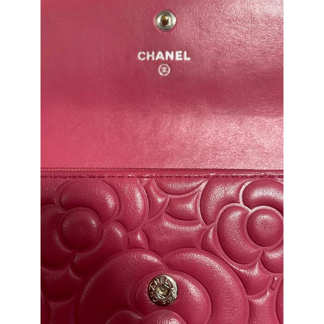 色移り有り CHANEL シャネル 長財布 ピンク カメリア型押し フラップ
