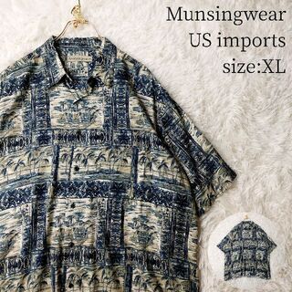 マンシングウェア(Munsingwear)の一点物US輸入★アロハシャツ マンシングウェア XLサイズ 総柄 ダークグリーン(シャツ)
