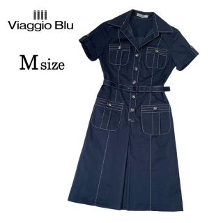 ビアッジョブルー(VIAGGIO BLU)の【※美品】ビアッジョブルー　ボックスプリーツ ベルト付 ワンピース　ステッチ　M(ひざ丈ワンピース)