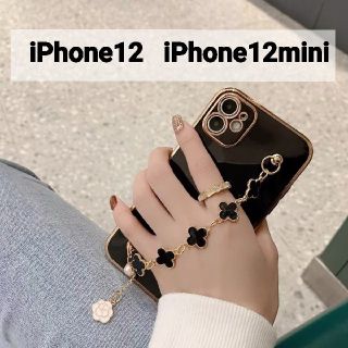 クローバーチェーン　iPhoneケース　iPhone12ケース　ブラック　黒花(iPhoneケース)