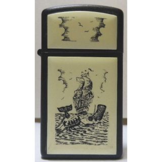 ジッポー(ZIPPO)の91年’SLIM ZIPPO　"帆船＋鯨”　BK塗装＋アイボリーチップ　未使用　(タバコグッズ)