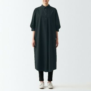 ムジルシリョウヒン(MUJI (無印良品))の■新品■  無印良品 ブロード七分袖ワンピース／XL／黒(ひざ丈ワンピース)