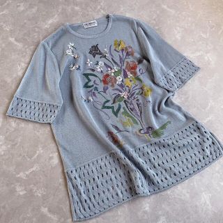 サンタモニカ(Santa Monica)のusedお花刺繍のサマーニット　昭和レトロ　レトロ 古着 ヴィンテージ(ニット/セーター)