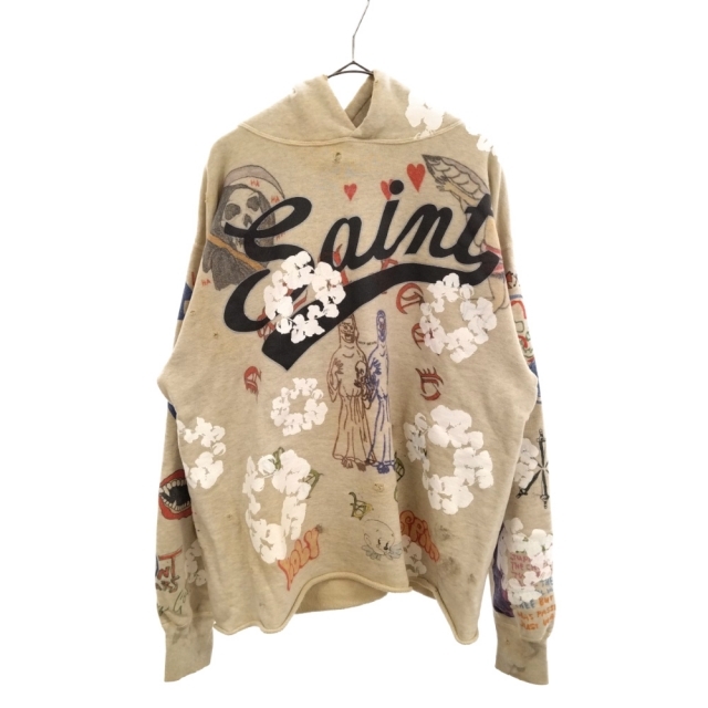 SAINT Mxxxxxx セント マイケル 22SS×DENIM TEARS HOODIE GRAFFITTI デニムティアーズ グラフィックプリント ヴィンテージ加工 プルオーバーパーカー フーディー グレー