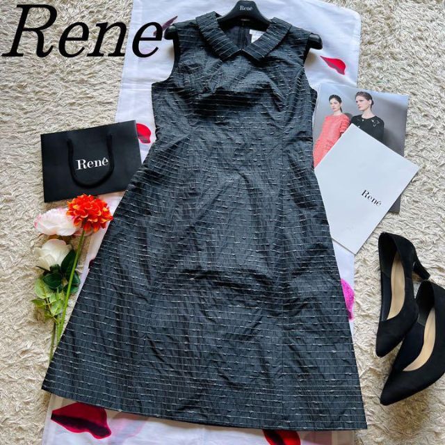 美品 Rene ルネ 秋色 フレアワンピース ブラウン ノースリーブ 34