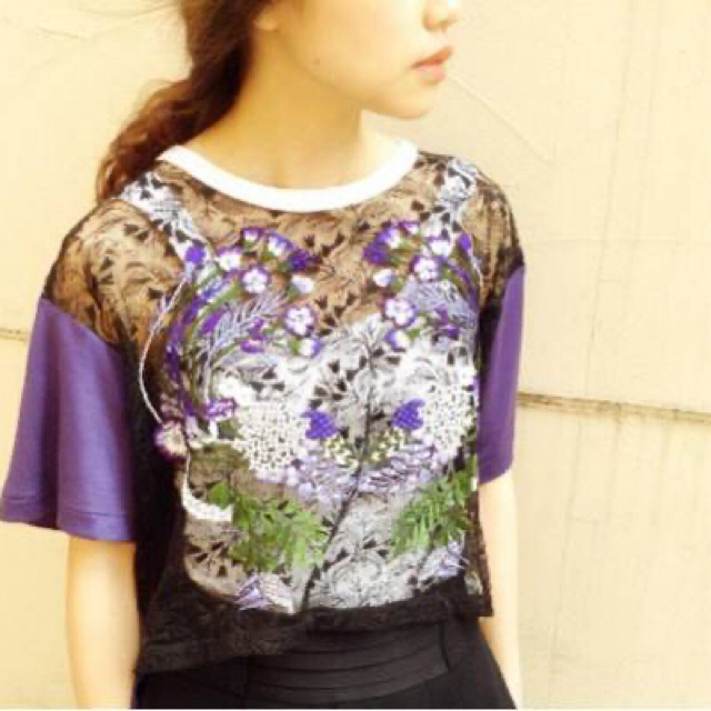 mame - mame mame kurogouchi 刺繍レースTシャツ パープルの通販 mame - mame mame kurogouchi 刺繍レースTシャツ パープルの通販