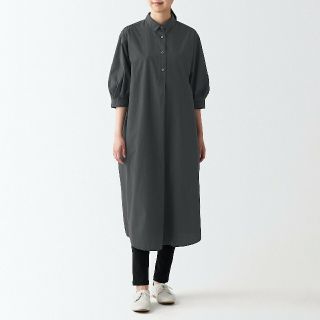 ムジルシリョウヒン(MUJI (無印良品))の【新品】 無印良品 ブロード七分袖ワンピース／Ｓ／ダークグレー(ひざ丈ワンピース)