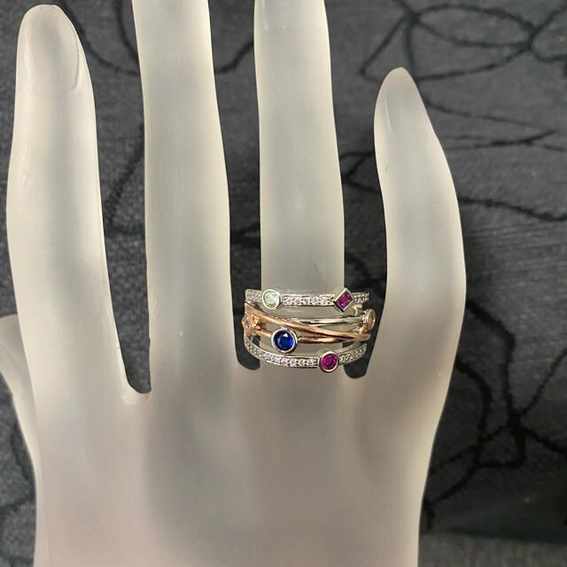 （1017）18号　ピンクゴールド&シルバー丸カラフルワイドリング　高価爪留め レディースのアクセサリー(リング(指輪))の商品写真