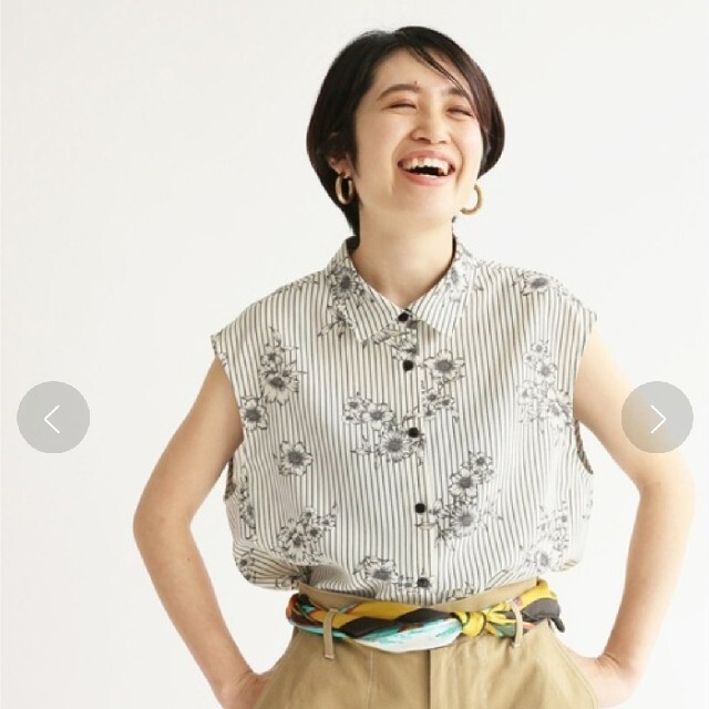 IENA - ◎試着のみIENA ストライプフラワーノースリーブシャツブラウス ... ストライプフラワーノースリーブシャツブラウス