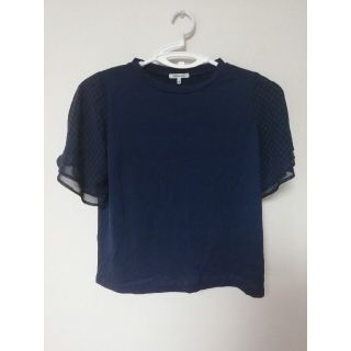 グローバルワーク(GLOBAL WORK)のグローバルワーク　袖チェック柄フリルTシャツ ネイビー　レディース　Lサイズ(Tシャツ(半袖/袖なし))