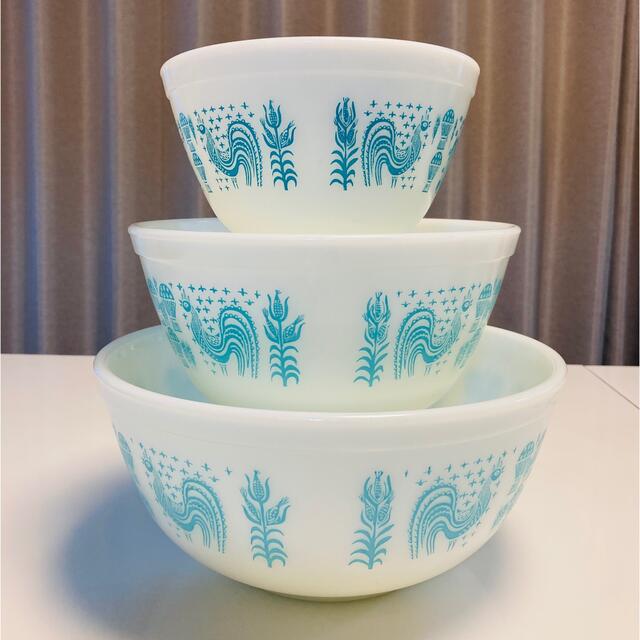 美品 オールドパイレックス PYREX スノーフレーク・ブルー ボウル3個