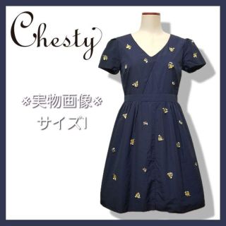 チェスティ(Chesty)のChesty　チェスティ　ビジューつき半袖ネイビーワンピース　ナイロン(ひざ丈ワンピース)