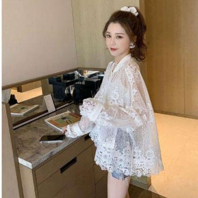 レース サマージャケット 花刺繍 ビッグサイズ 韓国ファッション L ホワイト レディースのトップス(ベスト/ジレ)の商品写真