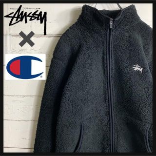 ステューシー(STUSSY)の【超希少コラボ】ステューシー チャンピオン★刺繍ロゴ ボアジャケット M 黒(ブルゾン)