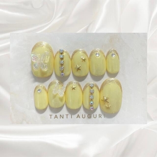 オーダー イエローネイル フレンチ 星 スター 蝶々 ミラー 韓国 量産型 黄色(ネイルチップ)