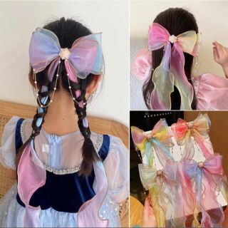 ヘアアクセサリー  チュール リボン 髪飾り ゆめかわ パール オーロラ(その他)