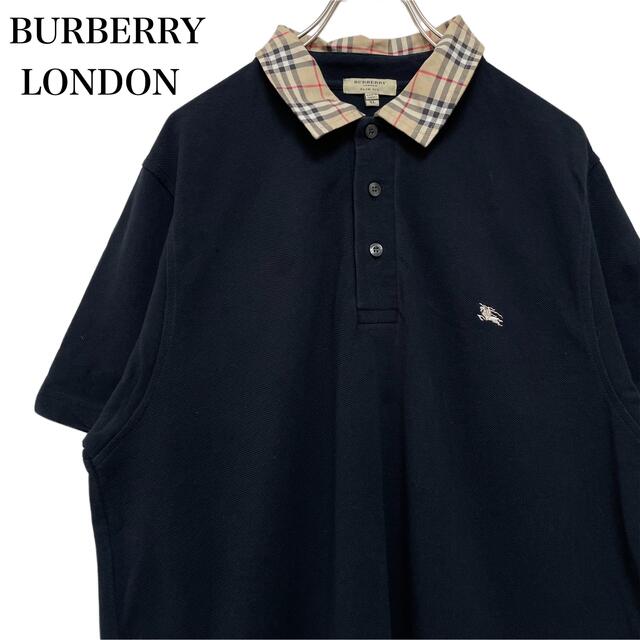 BURBERRY バーバリーロンドン 半袖ポロシャツ ネイビー 刺繍ロゴ XL