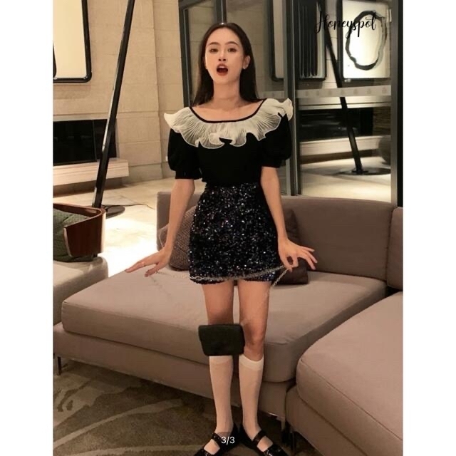 ZARA(ザラ)のSHEIN Honeyspot コントラスト　フリルトリム　パフスリーブTシャツ レディースのトップス(Tシャツ(半袖/袖なし))の商品写真