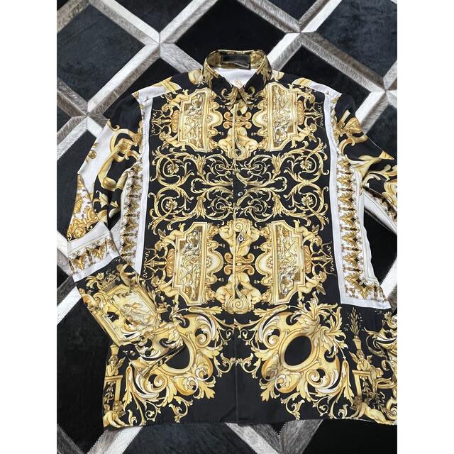 セール中！艶シルク！versace シルクシャツ42バロッコ 白黒金 総柄