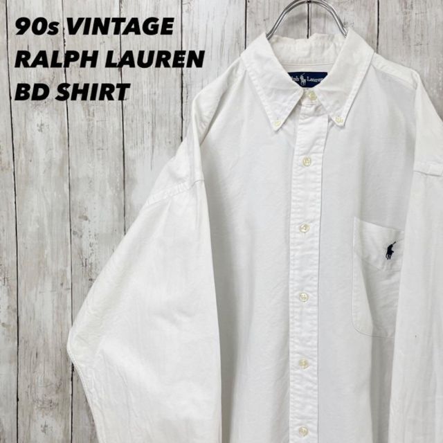 90sヴィンテージ　ラルフローレン長袖オックスフォードポロ刺繍ボタンダウンシャツ