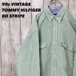 トミーヒルフィガー(TOMMY HILFIGER)の90sヴィンテージ　トミーヒルフィガー　オックスストライプボタンダウンシャツ白緑(シャツ)