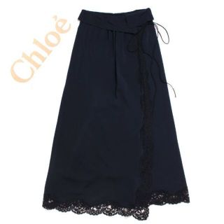 クロエ(Chloe)のタグ付新品 Chloe レース付 ラップ風 ロングシルクスカート  クロエ (ロングスカート)