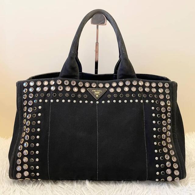 極美品⭐️プラダ カナパL ビジュー 三角プレート トートバッグ ブラック 黒