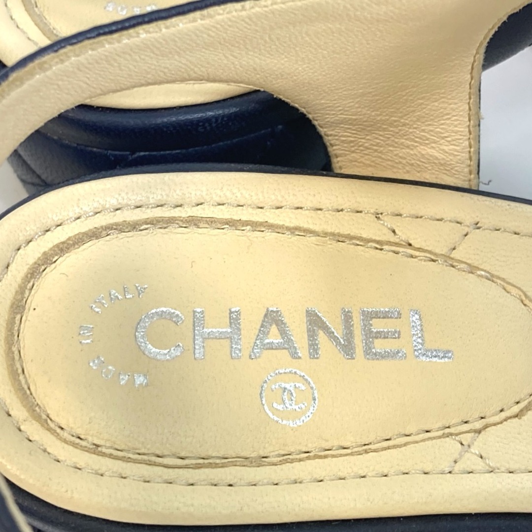 シャネル CHANEL マトラッセ G31704 CC ココマーク 靴 チェーン アンクルストラップ サンダル ラムスキン ネイビー 美品