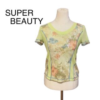 SUPER BEAUTY スーパービューティー　トップス　黄緑　花柄　半袖　L(Tシャツ(半袖/袖なし))