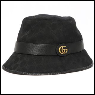 グッチ(Gucci)のグッチ 576587 ダブルG付き　 GGキャンバス バケットハット ブラック(ハット)