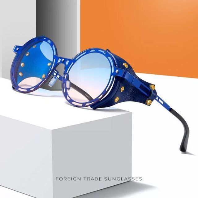 丸メガネ眼鏡サングラスレトロ個性的めがねブルーフレームレザーラウンドヴィンテージ