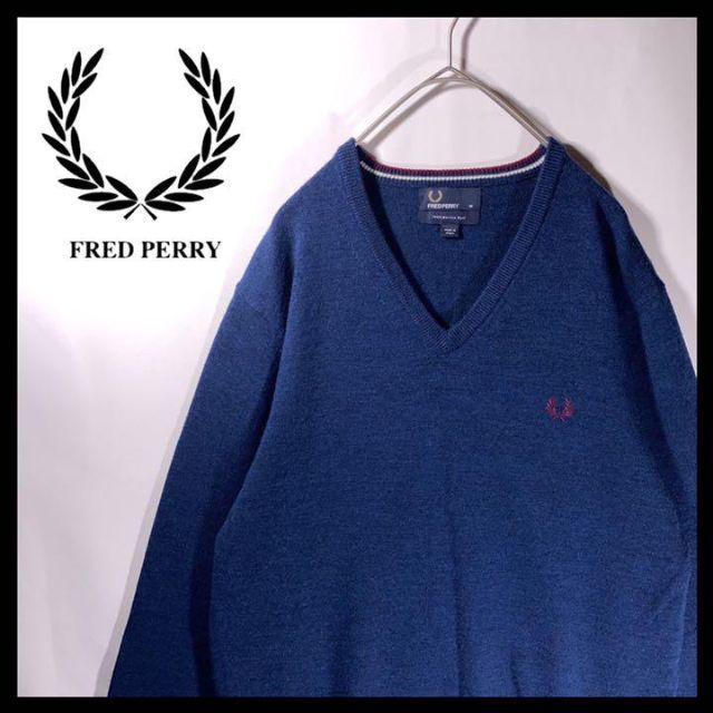 FRED PERRY(フレッドペリー)のFREDPERRY フレッドペリー メリノウール ニット ネイビー 刺繍ロゴ メンズのトップス(ニット/セーター)の商品写真