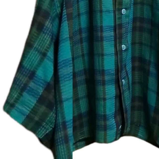 Santa Monica(サンタモニカ)のvintage古着　襟が刺繍の緑のタータンチェック柄半袖シャツ　レトロ レディースのトップス(Tシャツ(半袖/袖なし))の商品写真