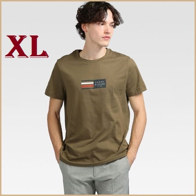 定価で完売　ストライプフラッグのグラフィックロゴTシャツ　カーキ　XLサイズ